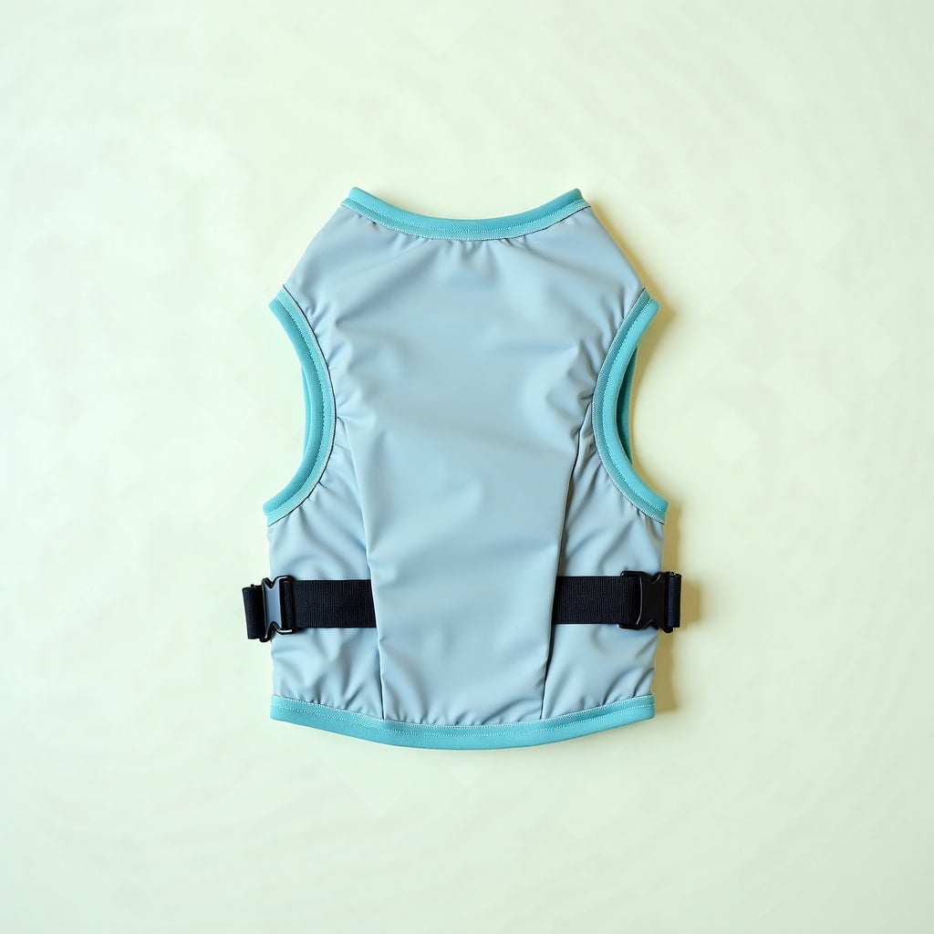 ChillPro pet cooling vest flat lay, grey with cyan trim