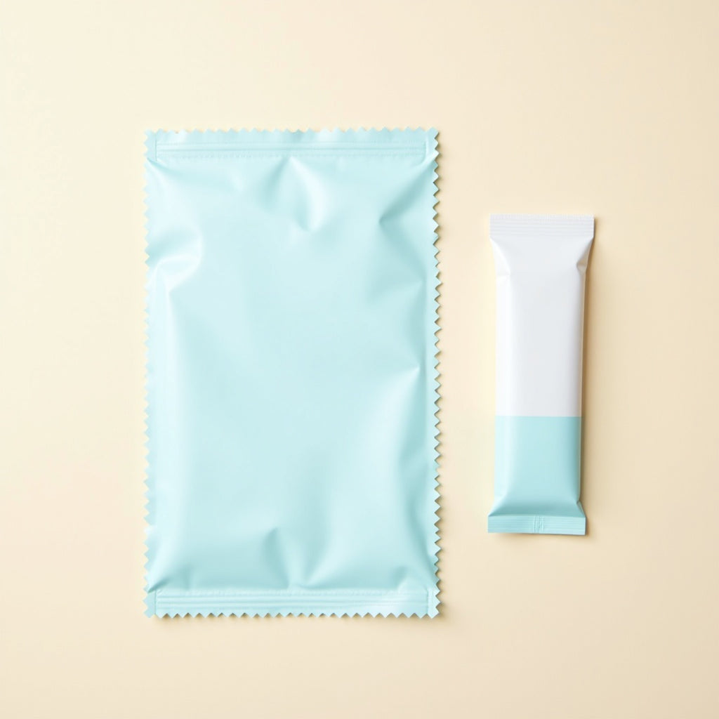 ChillBro Towel XL folded sheet beside its stick-pack sachet