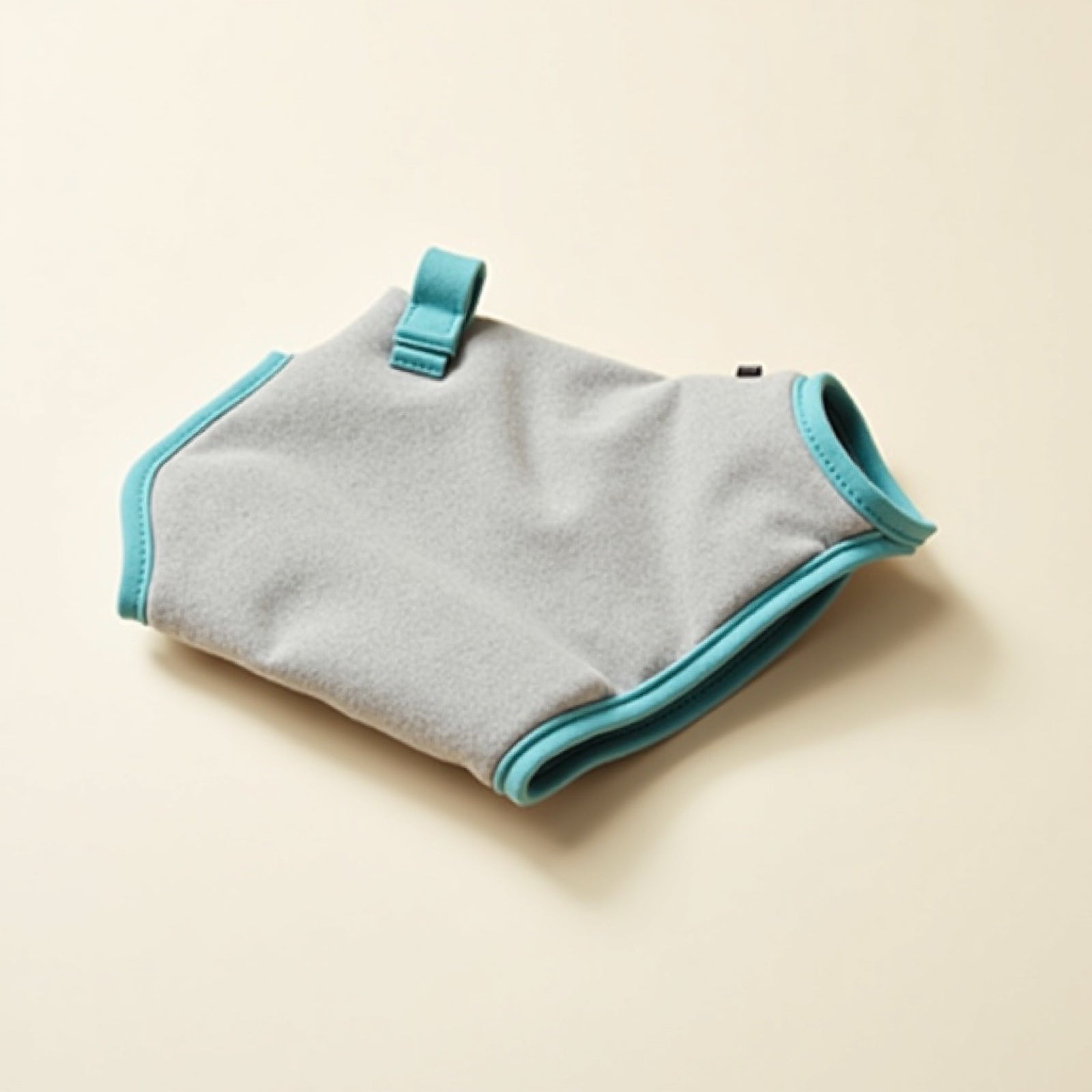 ChillPro pet cooling vest at 45-degree angle, grey with cyan piping and strap