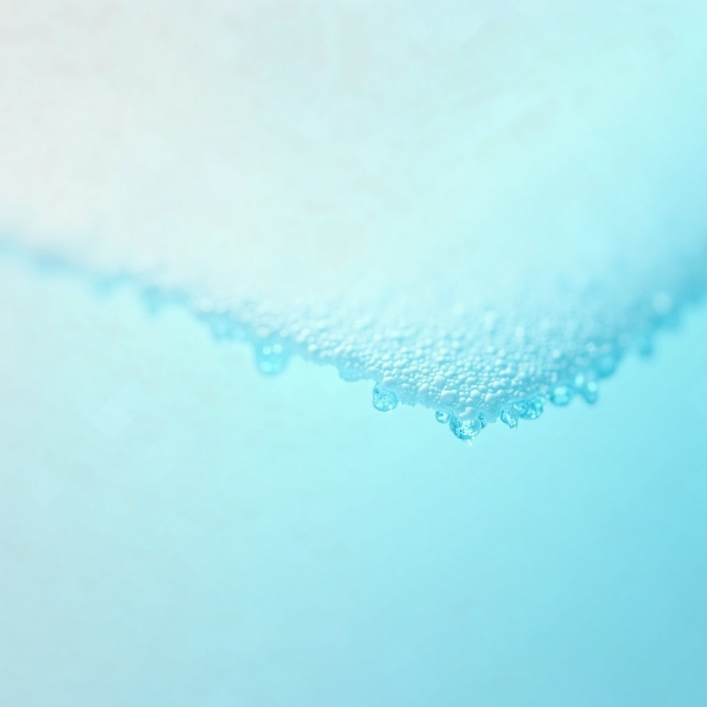 Macro of non-woven cooling fabric fibers with water droplets, cyan tone
